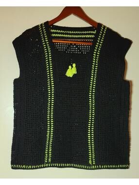 Handmade Black Crochet Sleeveless Vest with Neon Green Trim Size L